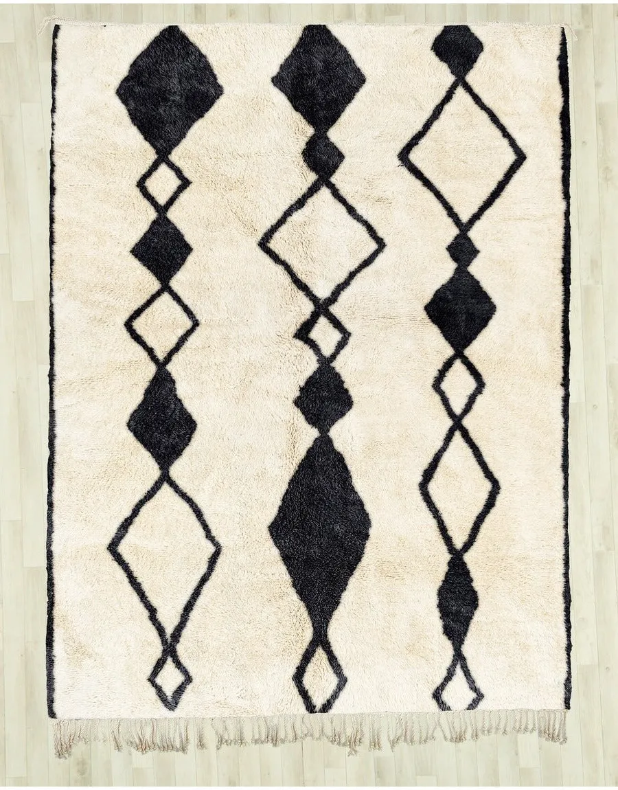Authentic Moroccan Wool White Cream and Black Beni Mrirt Rug