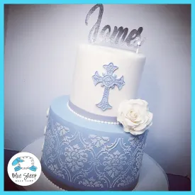 Blue and White Lace Christening Cake