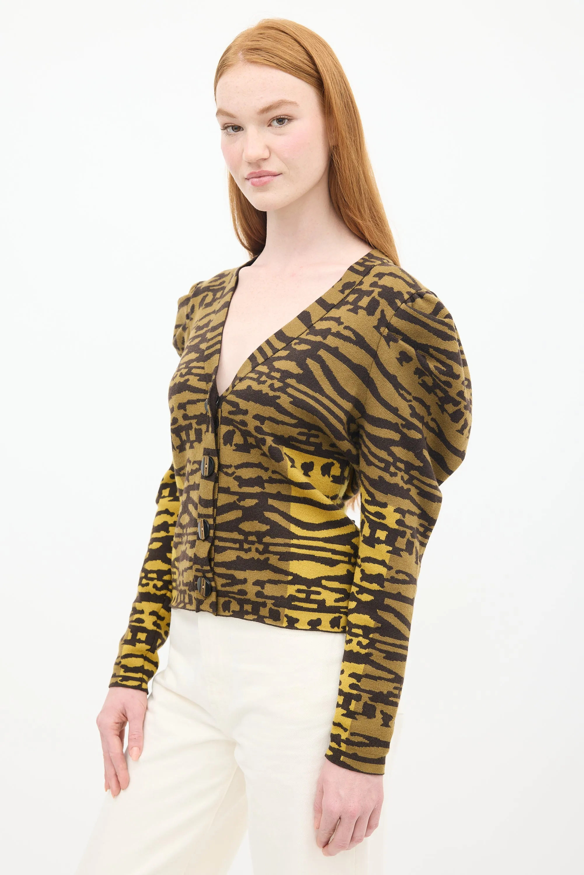 Khaki Green Wool Striped Rhea Puff Sleeve Cardigan